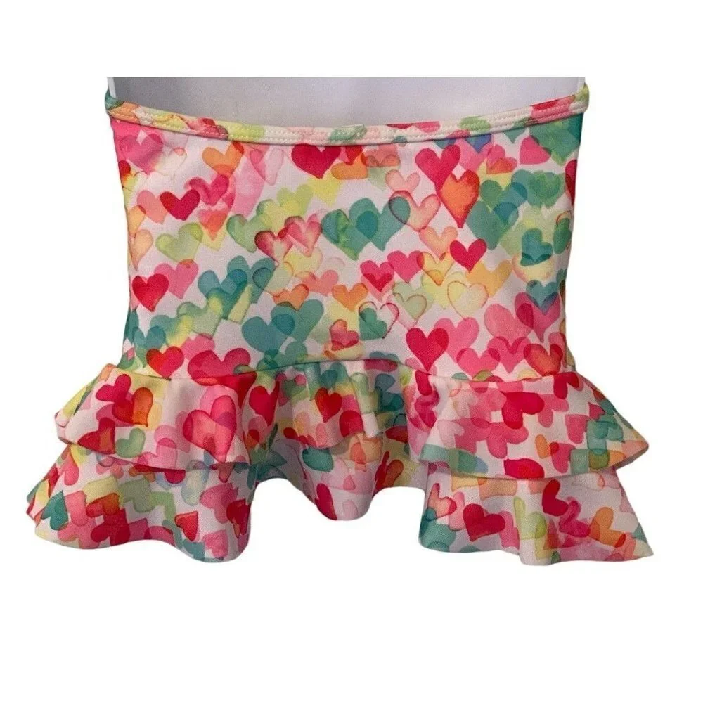Kate Mack Girls Halter Top Swimwear Size 2T/2Y Ruffle Bottom Multicolor Hearts